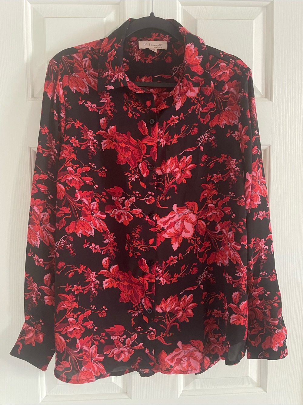 Philosophy Black Floral Button-Down Shirt with Red Pink Blooms